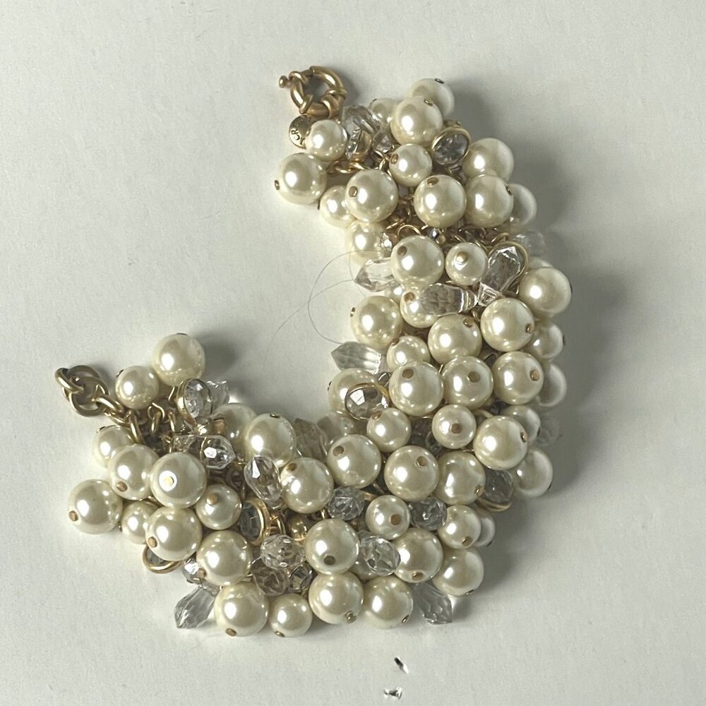 J.Crew Faux Pearl & Crystal Cluster Gold Chain Statement Bracelet - Picture 2 of 10